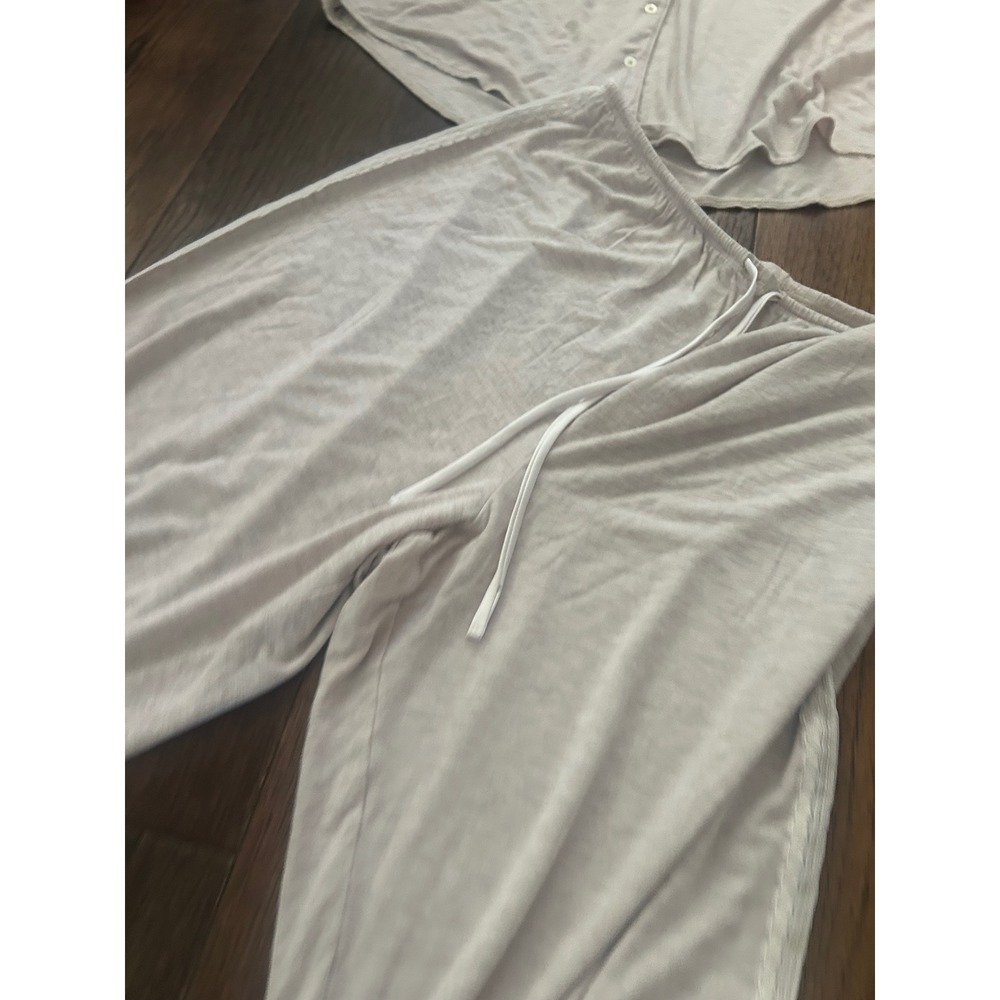 Victorias Secret Pajama Set modal Beige Lace Trim Button Down Top Lounge Pants L - Picture 5 of 6